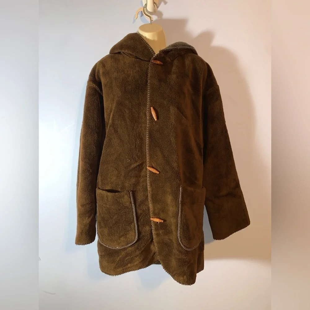 Denali vintage reversible faux fur hooded toggle coat brown teddy gray oak leaf - Picture 2 of 11